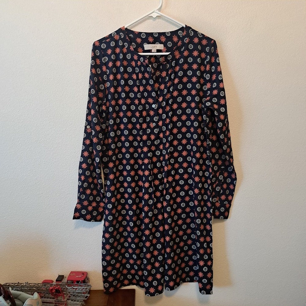Loft Womens Navy Blue Floral Medallion Long Sleeve Shift Dress Size M NWT